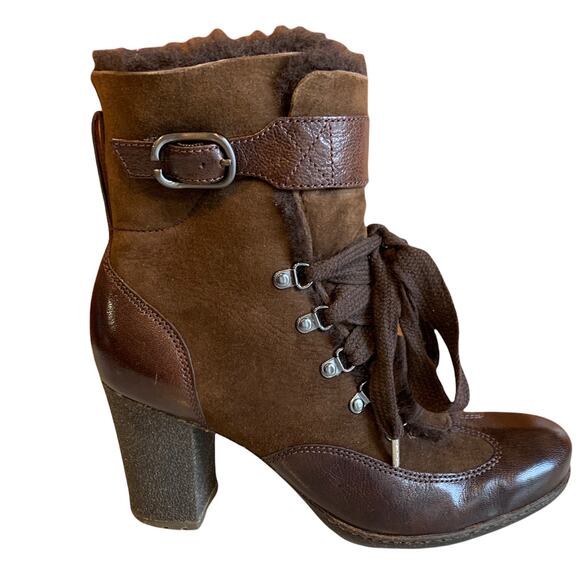 Naya Nefertiti heeled mountain boots dark brown leather shearling 9.5 - Picture 1 of 8